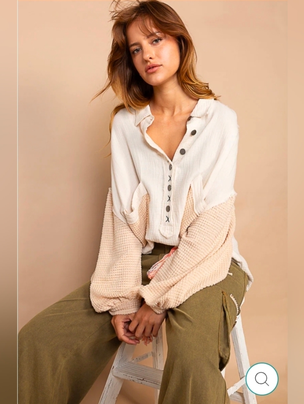 POL Boho Chic Distressed Mixed Knit Top | Size Medium NWT
